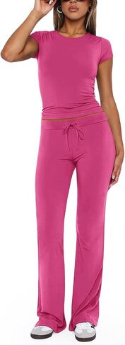 REORIA Women's 2 Piece Lounge Sets Short Sleeve Crop T-shirt Straight Leg Pants Set Comfy Casual Outfits Tracksuits in Saudi Arabia
