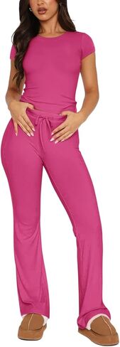 REORIA Women's 2 Piece Lounge Sets Short Sleeve Crop T-shirt Straight Leg Pants Set Comfy Casual Outfits Tracksuits in Saudi Arabia