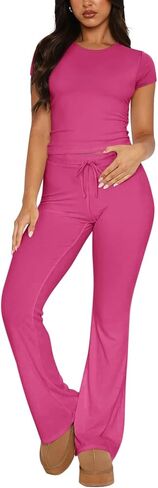 REORIA Women's 2 Piece Lounge Sets Short Sleeve Crop T-shirt Straight Leg Pants Set Comfy Casual Outfits Tracksuits in Saudi Arabia