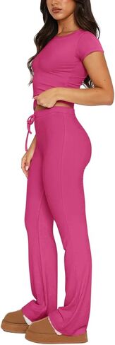 REORIA Women's 2 Piece Lounge Sets Short Sleeve Crop T-shirt Straight Leg Pants Set Comfy Casual Outfits Tracksuits in Saudi Arabia