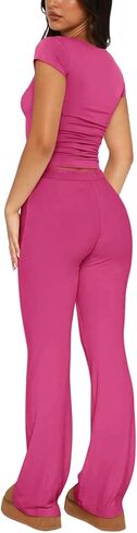 REORIA Women's 2 Piece Lounge Sets Short Sleeve Crop T-shirt Straight Leg Pants Set Comfy Casual Outfits Tracksuits in Saudi Arabia