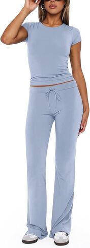 REORIA Women's 2 Piece Lounge Sets Short Sleeve Crop T-shirt Straight Leg Pants Set Comfy Casual Outfits Tracksuits in Saudi Arabia