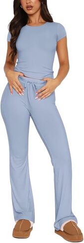 REORIA Women's 2 Piece Lounge Sets Short Sleeve Crop T-shirt Straight Leg Pants Set Comfy Casual Outfits Tracksuits in Saudi Arabia