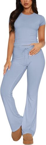 REORIA Women's 2 Piece Lounge Sets Short Sleeve Crop T-shirt Straight Leg Pants Set Comfy Casual Outfits Tracksuits in Saudi Arabia