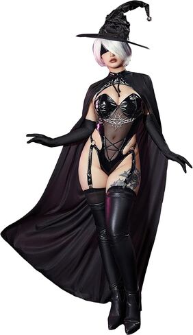 Halloween Witch Cosplay Costume for Women Black Bodycon outfit Pu Leather Bodysuit and Cloak with Gothic Hat in Saudi Arabia