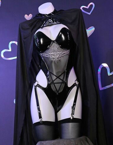Halloween Witch Cosplay Costume for Women Black Bodycon outfit Pu Leather Bodysuit and Cloak with Gothic Hat in Saudi Arabia