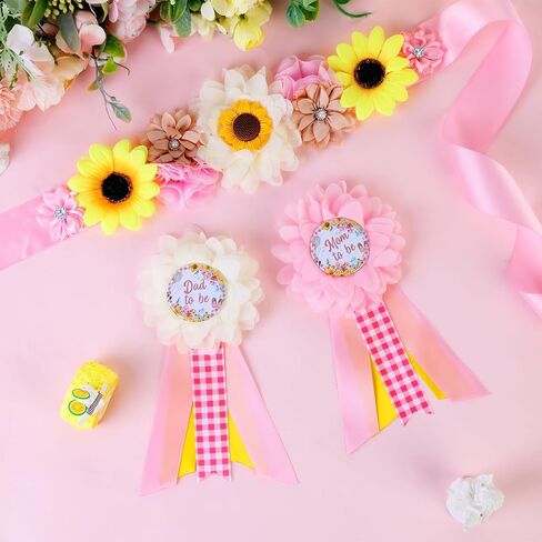 JOYMEMO Pink BBQ Theme Baby Shower Maternity Sash Kit - Baby-Q Baby Shower Belly Belt and Mom to Be & Dad to Be Corsage Pins, New Parents Pregnancy Photo Props Barbecue Picnic Party Supplies in Saudi Arabia