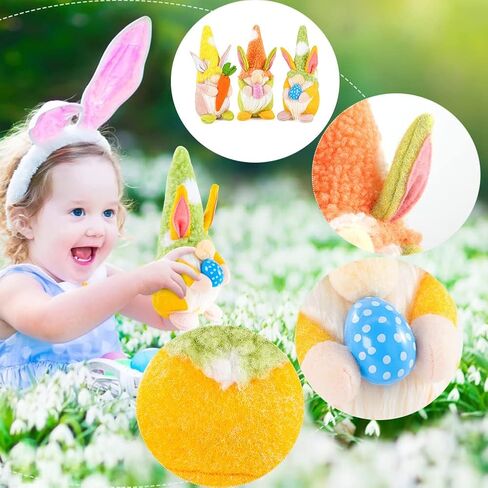 3 PCS Easter Bunny Gnomes Plush Decoration, Handmade Rabbit Easter Egg Carrot Gnomes with Floppy Hat for Theme Party Favor Gifts Hunt Basket Stuffers Filler Farmhouse Ornament 9 inches in Saudi Arabia