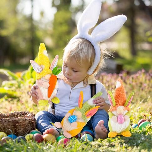 3 PCS Easter Bunny Gnomes Plush Decoration, Handmade Rabbit Easter Egg Carrot Gnomes with Floppy Hat for Theme Party Favor Gifts Hunt Basket Stuffers Filler Farmhouse Ornament 9 inches in Saudi Arabia