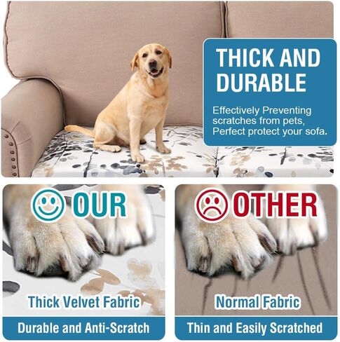 H.VERSAILTEX Velvet Chair Cushion Covers Soft Sturdy Armchair Cover Thick Couch Cover for Dogs Washable Sofa Seat Cushion Covers with Elastic Bands(1 Pack, Classical Floral - Bluestone and Taupe) in Kuwait