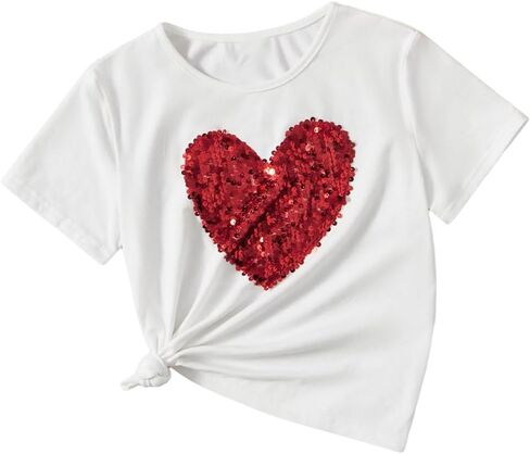 SweatyRocks Girl's Graphic Print Contrast Sequin T Shirt Scoop Neck Short Sleeve Tee Tops in Kuwait