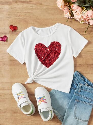 SweatyRocks Girl's Graphic Print Contrast Sequin T Shirt Scoop Neck Short Sleeve Tee Tops in Kuwait