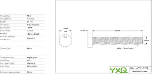 YXQ M12x80mm مسمار سداسي الرأس فئة 8.8 الكربون الصلب متري كامل الخيوط اليد اليمنى أسود 2-Pack in Saudi Arabia
