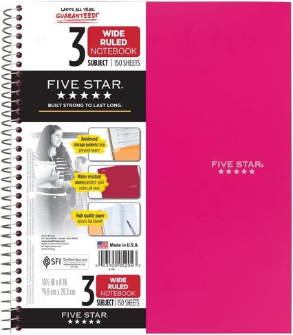Five Star Spiral Notebook, 3 Subject, Wide Ruled Paper, 150 Sheets, 10-1/2" x 8" Sheet Size, Pink (73465) in Saudi Arabia