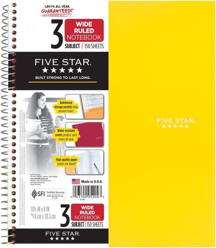 Five Star Spiral Notebook, 3 Subject, Wide Ruled Paper, 150 Sheets, 10-1/2" x 8" Sheet Size, Pink (73465) in Saudi Arabia