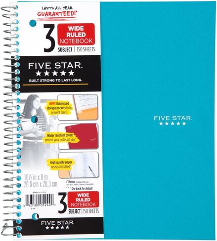 Five Star Spiral Notebook, 3 Subject, Wide Ruled Paper, 150 Sheets, 10-1/2" x 8" Sheet Size, Pink (73465) in Saudi Arabia