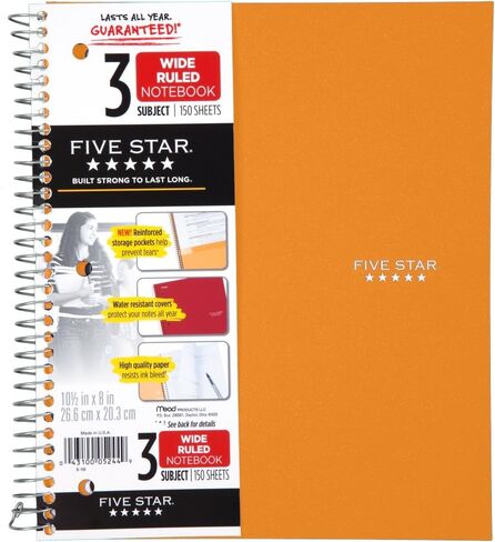 Five Star Spiral Notebook, 3 Subject, Wide Ruled Paper, 150 Sheets, 10-1/2" x 8" Sheet Size, Pink (73465) in Saudi Arabia