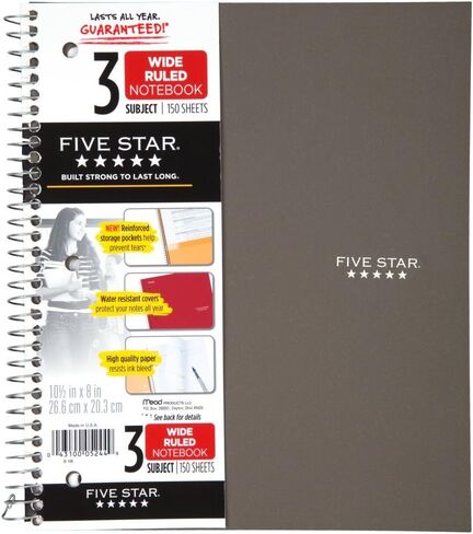 Five Star Spiral Notebook, 3 Subject, Wide Ruled Paper, 150 Sheets, 10-1/2" x 8" Sheet Size, Pink (73465) in Saudi Arabia