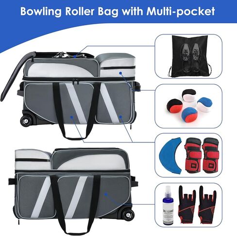 3 Ball Bowling Bag with Wheels, Bowling Roller Bag for 3 Balls & Accessories, Rolling Bowling Ball Bag with Multi-pocket & Separate Compartment for bowling Shoes up to Size 16 in Kuwait