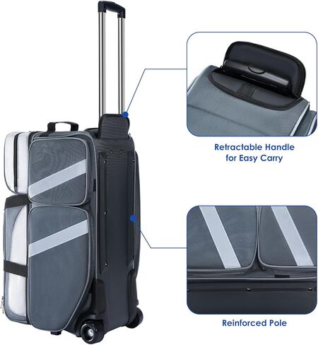 3 Ball Bowling Bag with Wheels, Bowling Roller Bag for 3 Balls & Accessories, Rolling Bowling Ball Bag with Multi-pocket & Separate Compartment for bowling Shoes up to Size 16 in Kuwait