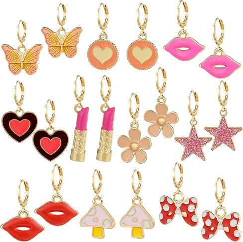 10/20 زوجًا من الأقراط المتدلية الذهبية اللطيفة للفتيات أقراط طارة هوجي الصغيرة مع السحر 14 كيلو أقراط طارة ذهبية مجموعة مجوهرات مضادة للحساسية in Kuwait