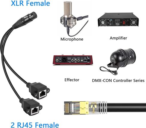 GELRHONR 3 دبوس XLR إلى كابل RJ45 مزدوج، XLR أنثى إلى 2 RJ45 أنثى DMX Cat5 محول إيثرنت محول كابل DMX، لسلسلة وحدة التحكم DMX-CON، واستوديو المسرح والتسجيل - 30 سم/1 قدم in Saudi Arabia