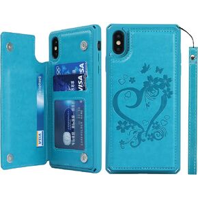حافظة هاتف iCoverCase iPhone Xs Max مع حامل بطاقة للنساء، حافظة iPhone Xs Max مع حزام معصم [RFID Blocking] حافظة محفظة جلدية منقوشة لهاتف iPhone Xs Max 6.5 بوصة (ذهبي وردي القلب)
