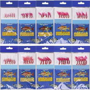 Saltwater Fishing Bait Rigs, 10Packs Surf Fishing Rigs 6 Hooks Fishing Lures Red Fish Skin Feather Hooks Glow Fishing Beads Fishing Tackles for Freshwater Saltwater