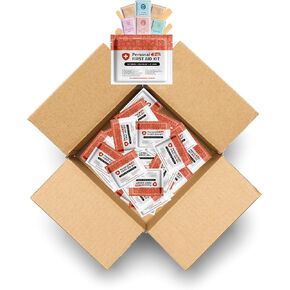 Personal First Aid Kit - Case of 60 | Clean, Treat, Protect Minor Cuts, Scrapes and Burns | Perfect for Home, Office, Car, School, Business, Camping | Individually Wrapped First Aid Products (Orange)