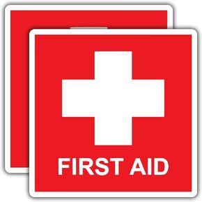 WSQ First Aid Sticker Decal, Emergency 4 x 4 Inches, for Box, Emergency First Aid Kit Signs Water Resistance Multicolor Size 4 Inches 2 Pack
