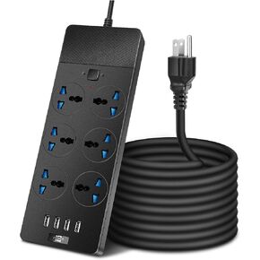 شريط طاقة عالمي مع 6 منافذ و4 USB، سلك تمديد بطول 6.5 قدم بقدرة 3000 وات، واقي من زيادة التيار بشريط طاقة عالمي 110 فولت - 250 فولت، سلك تمديد للمنزل والمكتب وغرفة النوم (أسود) in Kuwait