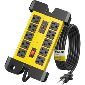 Kungfuking Heavy Duty Power Strip Surge Protector 15A/1875W, PD 20W USB, 13 in 1 Industrial, Garage Shop Metal Power Strip 6FT Wrapped Around Extension Cord, Wall Mount, Circuit Breaker, ETL Listed