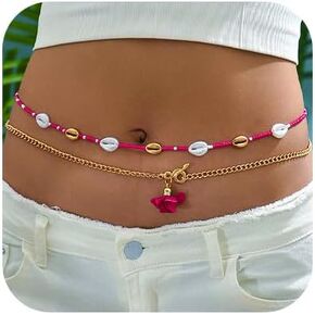 Gangel Boho Bead Waist Chain Layered Belly Chain Pink Beads Waist Chains Sexy Gold Body Chain Shell Flower Chain Belts Summer Beach Body Chains Jewelry for Women and Girls