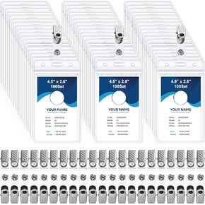 200 Packs ID Badge Holder with Metal Badge Clips and PVC Straps Waterproof Sealed Clear Plastic Vertical Name Tag Holder for Work Key Card Drive License Name Tag Clips Car Office