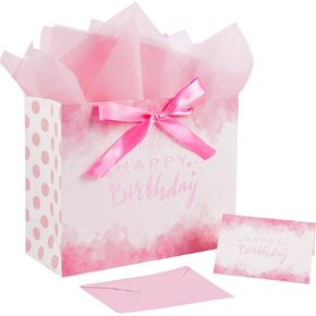 Jaywayang 15.7" Extra Large Pink Happy Birthday Gift Bag with Ribbons, Card and Tissue Papers for Girl Women Birthday Party.