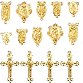 84Pcs/42Set Rosary Kits Cross and Center Medal Charms Alloy Oval Virgen De Guadalupe Links Connector Charm Pendant for Diy Jewelry Making Supplies