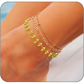 Gold Ankle Bracelets for Women, 14K Gold Anklets for Women Waterproof Figaro Paperclip Link Gold Anklet Set with Pink Stones Green Beads Adjustable Layered Summer Beach Anklets Foot Jewelry for Gift