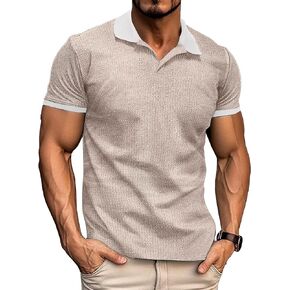 Mens Muscle Polo Shirts V Neck Slim Fit Short Sleeve Golf T-Shirts Contrast Collar Ribbed Knit Cotton Tee Shirt