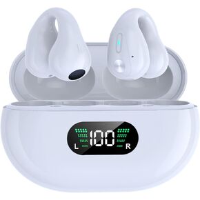 Open Ear Bone Conduction Headphones, Bluetooth Wireless Clip On Earbuds with Digital Display Charging Case 60 Hours Playtime IPX4 Waterproof Sports Headphones for Running, Walking, Workout