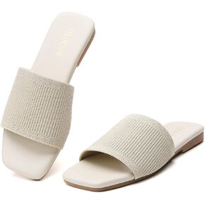 Tilocow Knitted Flat Sandals For women Square Open Toe Slide Sandals Casual Summer Shoes