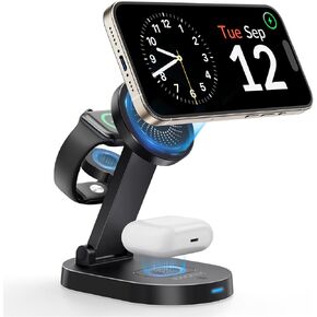 iDsonix 3 in 1 Mag-Safe Charger Stand, Wireless Charger Station for Apple Devices Fast Wireless Charger with Adjustable Mag-Safe Stand and LED Light for iPhone 15-12 Series Airpods & iWatch, Black
