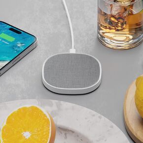Novo Wireless Charger Pad | 15 Watt Fast Charger | Linen Style Gray Fabric | for iPhone 15/14/13/12/11 Series/Samsung S23, AirPods & More