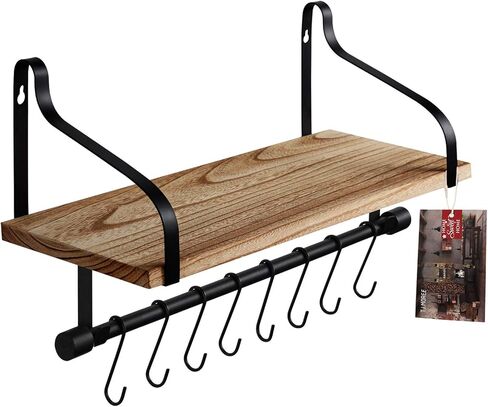 رف عائم، رف خشبي ريفي مع 8 خطافات، رف عرض بار القهوة، رف توابل المطبخ in Kuwait