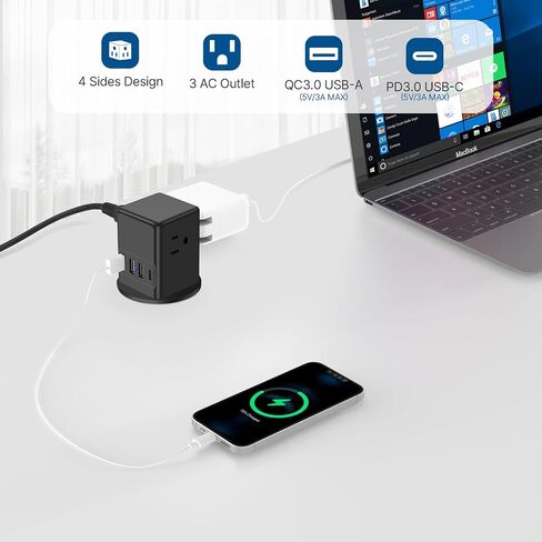 2 inch Desktop Power Grommet USB C 20W Fast Charging Station,Desk Hole Grommet Recessed Outlet,Pop Up Outlet for Countertop,4 USB Ports,3 AC Outlets,6ft Cord,Flat Plug,White in Saudi Arabia