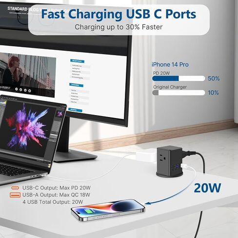 2 inch Desktop Power Grommet USB C 20W Fast Charging Station,Desk Hole Grommet Recessed Outlet,Pop Up Outlet for Countertop,4 USB Ports,3 AC Outlets,6ft Cord,Flat Plug,White in Saudi Arabia