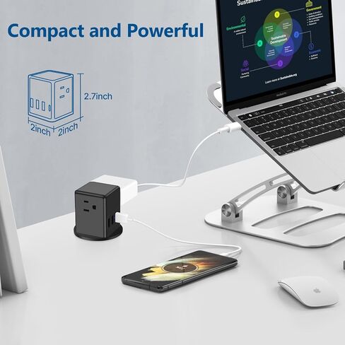 2 inch Desktop Power Grommet USB C 20W Fast Charging Station,Desk Hole Grommet Recessed Outlet,Pop Up Outlet for Countertop,4 USB Ports,3 AC Outlets,6ft Cord,Flat Plug,White in Saudi Arabia