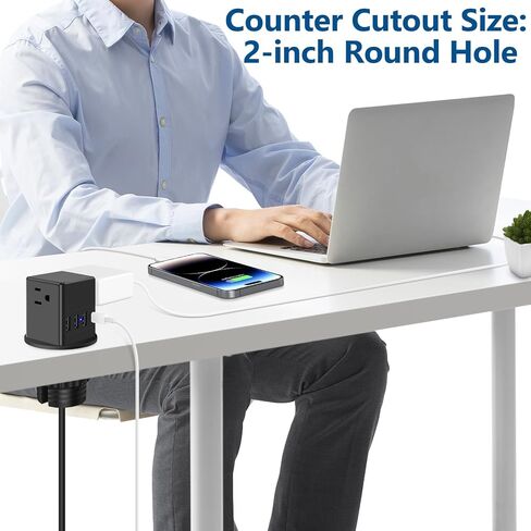 2 inch Desktop Power Grommet USB C 20W Fast Charging Station,Desk Hole Grommet Recessed Outlet,Pop Up Outlet for Countertop,4 USB Ports,3 AC Outlets,6ft Cord,Flat Plug,White in Saudi Arabia