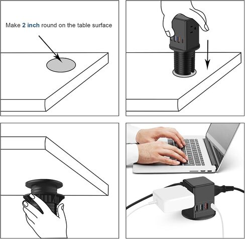2 inch Desktop Power Grommet USB C 20W Fast Charging Station,Desk Hole Grommet Recessed Outlet,Pop Up Outlet for Countertop,4 USB Ports,3 AC Outlets,6ft Cord,Flat Plug,White in Saudi Arabia