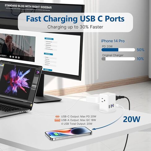محطة شحن سريعة بحلقة تثبيت طاقة لسطح المكتب مقاس 2 بوصة USB C بقوة 20 وات، ومنفذ غائر بفتحة مكتب، ومنفذ منبثق للكونترتوب، و4 منافذ USB، و3 منافذ تيار متردد، وسلك بطول 6 أقدام، وقابس مسطح، باللون الأسود in Kuwait