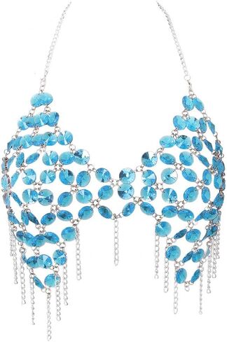 سلسلة الجسم السابقة بوهو للنساء كريستال شرابة زرقاء بيكيني مجوهرات الشاطئ الهذيان حفلة الجسم اكسسوارات حجر الراين الصدرية in Kuwait